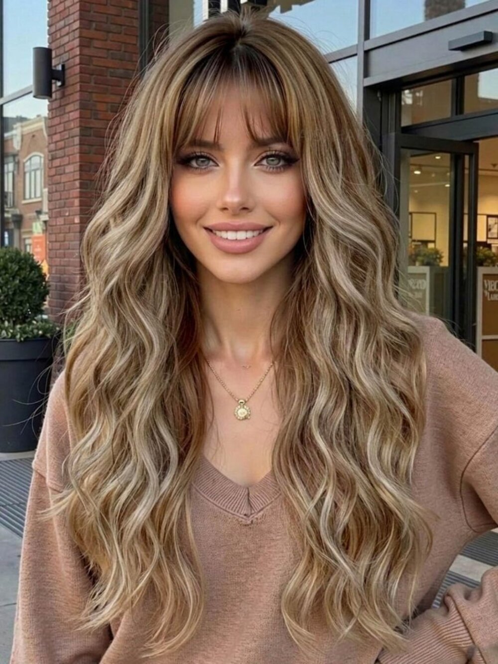 Long Wavy Brown & Blonde Wig with Bangs for Women - 26 Inch Stylish Hairpiece